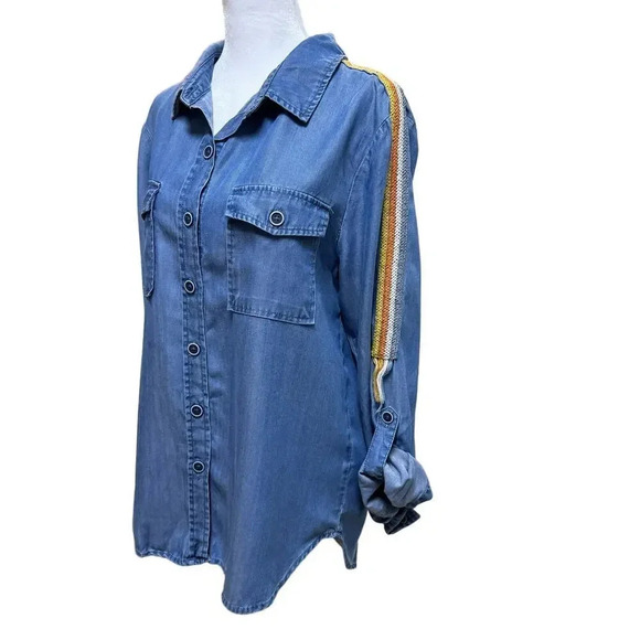 Dear John Alyssa Chambray Button Up Shirt Embroidered Fringe Sleeves Size Small - Picture 1 of 9